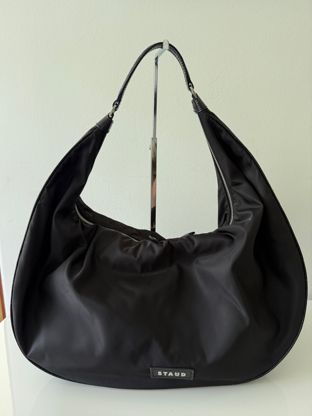 STAUD Sasha Large Leather-Trimmed Nylon Shoulder Bag Handbag Black